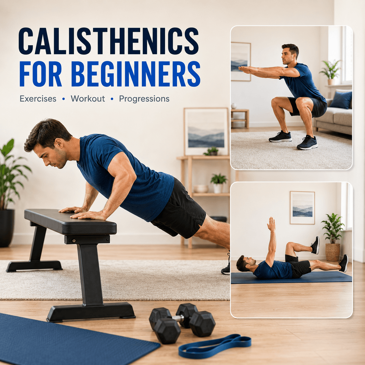 Beginner performing a bodyweight workout in a compact home gym