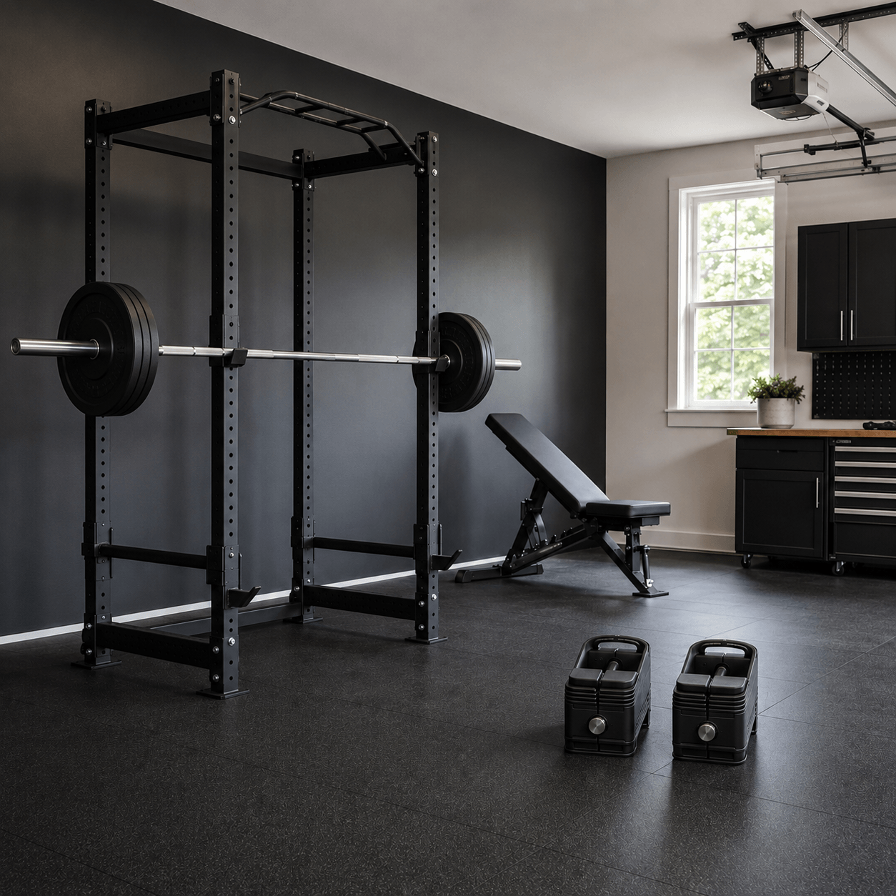 Barbell and adjustable dumbbells arranged in a modern home gym