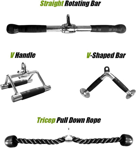 Collection of different types of gym equipment including a straight rotating bar, V handle, V-shaped bar, and tricep pull down rope on a white background.