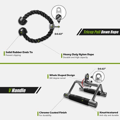 Tricep pull down rope with V-handle, showing features like solid rubber ends and chrome finish on a white background.