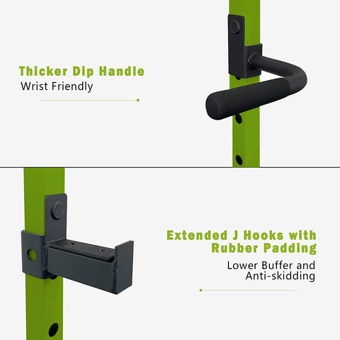 Green pull-up bar with black dip handles and J hooks on a white background