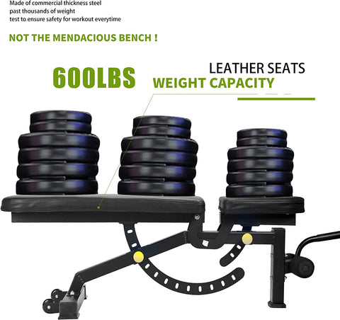 Weight bench with weight plates and text highlighting weight capacity on a white background
