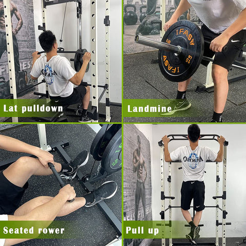 Collage of a person using various gym equipment including lat pulldown, landmine, seated rower, and pull-up.