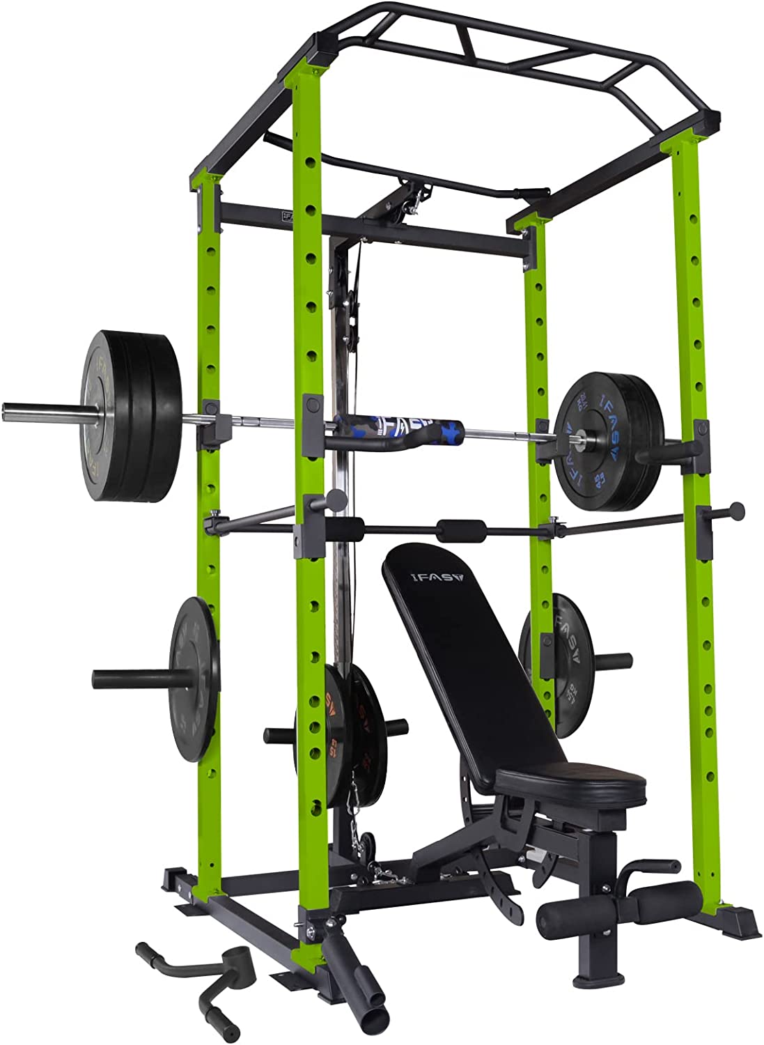Green and black weightlifting rack with barbell and bench on a white background