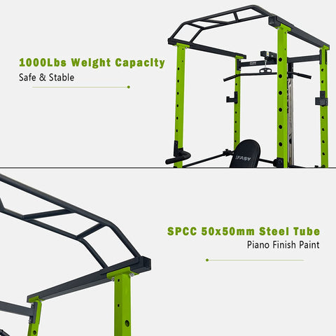 Green power rack with text highlighting weight capacity and material details on a white background