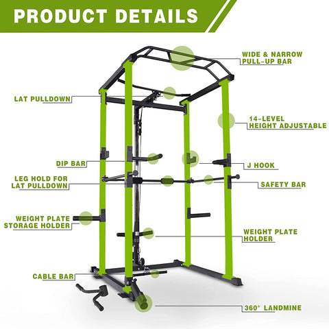 Gym power rack with labeled features on a white background