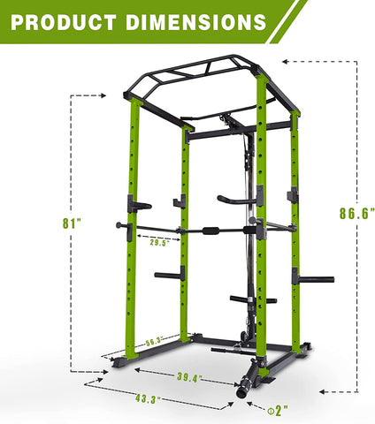Green and black power rack with dimensions labeled on a white background