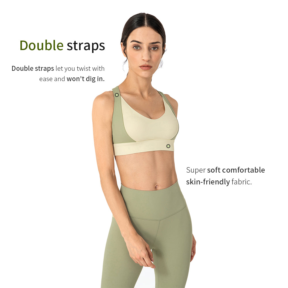 Green double straps sports bra
