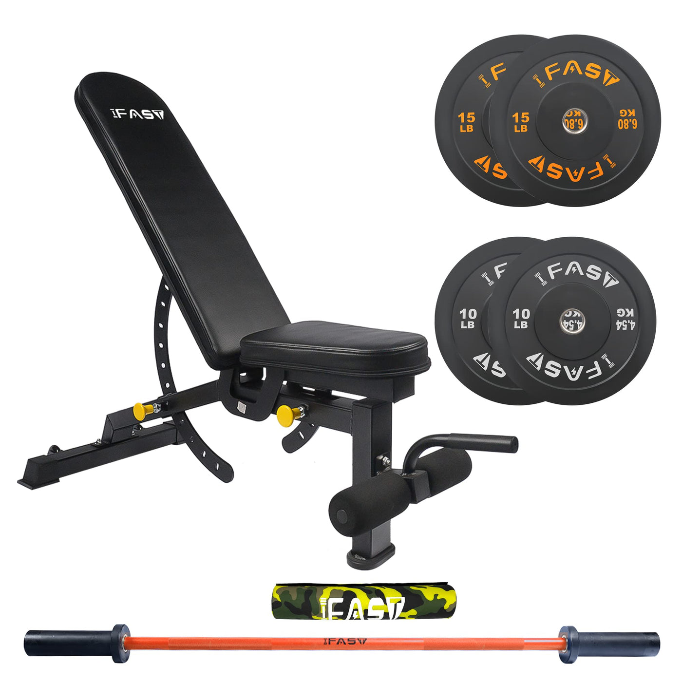 orange barbell set with bench