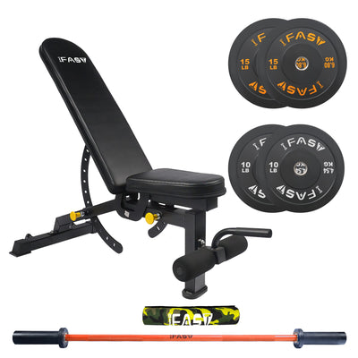 orange barbell set with bench