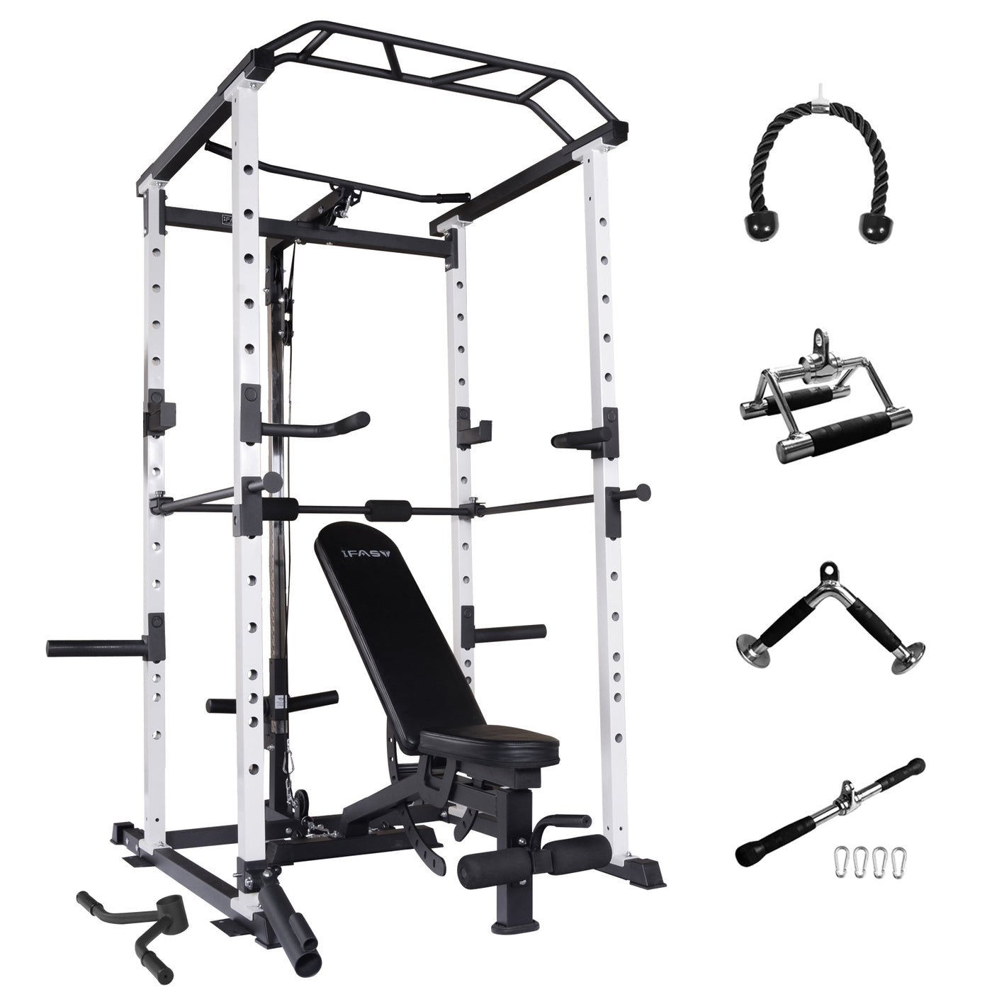 white power rack with LAT pulldown